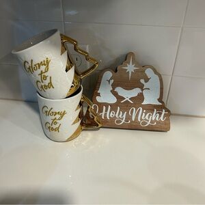 Christmas mugs set of two and decorative wooden Christmas winter sign 
New